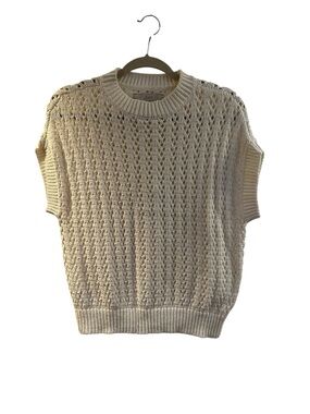 LOFT Cream Cable-Knit Crewneck Short Sleeve Sweater
